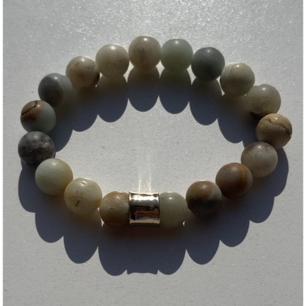 Jade MultiColor Jade Gray Cream Brown Stone Round Bead Bracelet Size 6.5